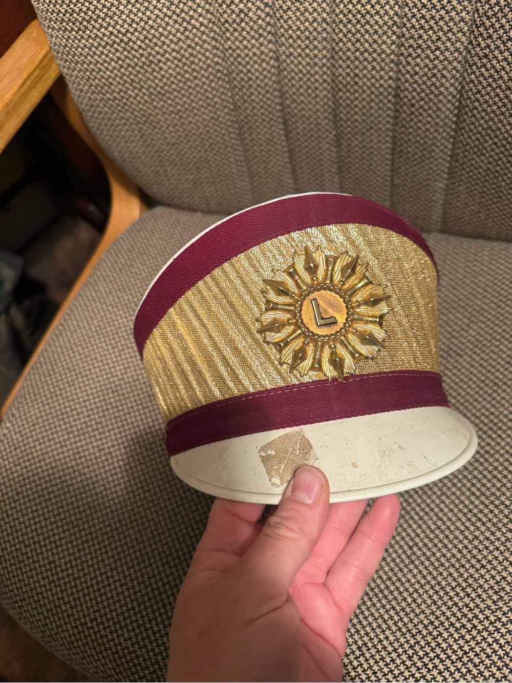 Marching Band Hat Gold and Burgundy Decorative with Sun Emblem